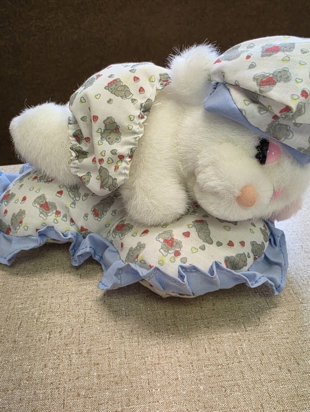 PBC White Teddy Bear Sleeping On Blue Heart Pillow Plush Stuffed Animal Vintage
